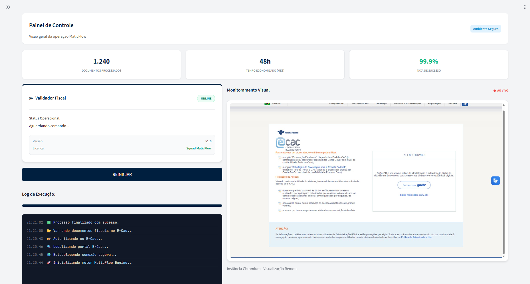 Painel de Controle MaticFlow